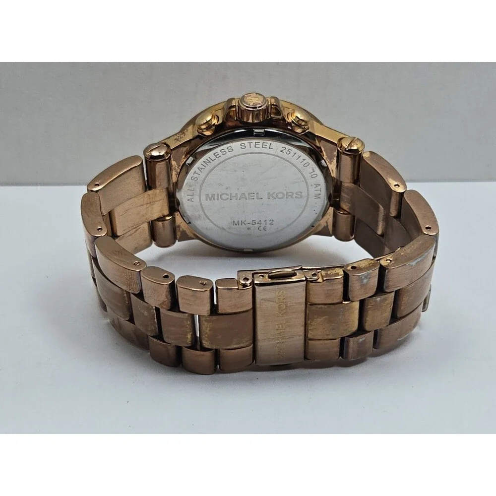 Michael Kors Dylan Womens Rose Gold Baguette Bezel Chronograph Watch New Battery